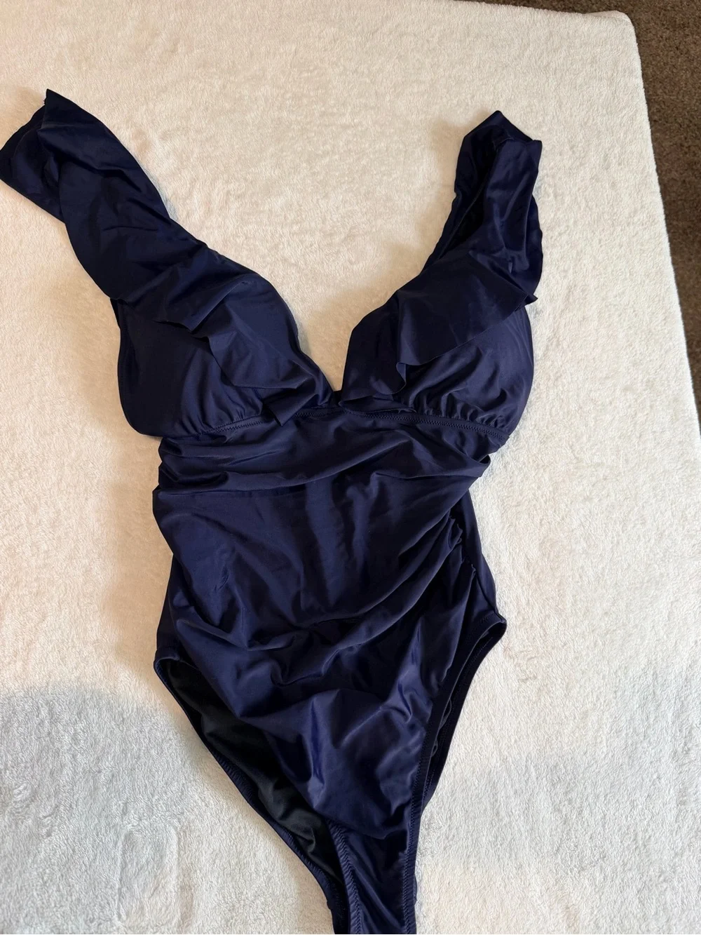 J.Crew navy blue V-neck ruffle one-piece swimsuit